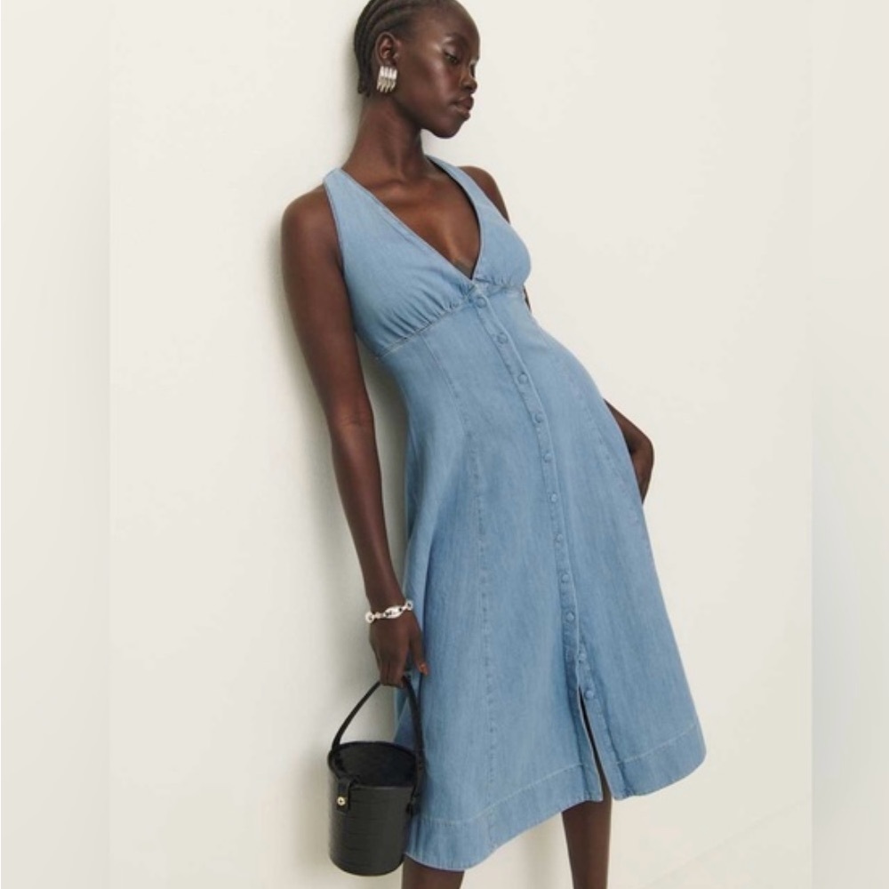 Reformation Blue Sleeveless V-Neck Midi Sundress